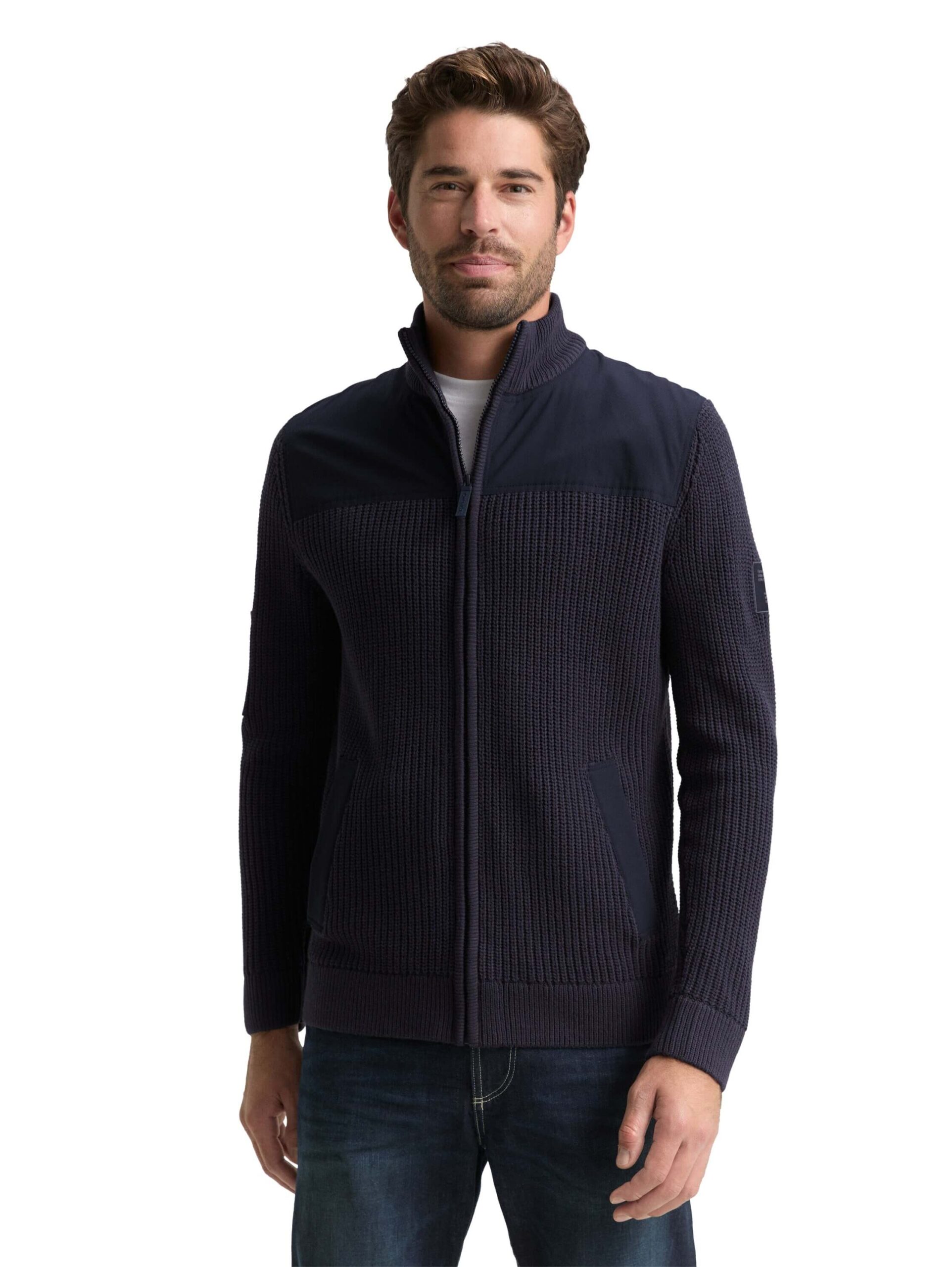 knit zip jacket with fabric mix