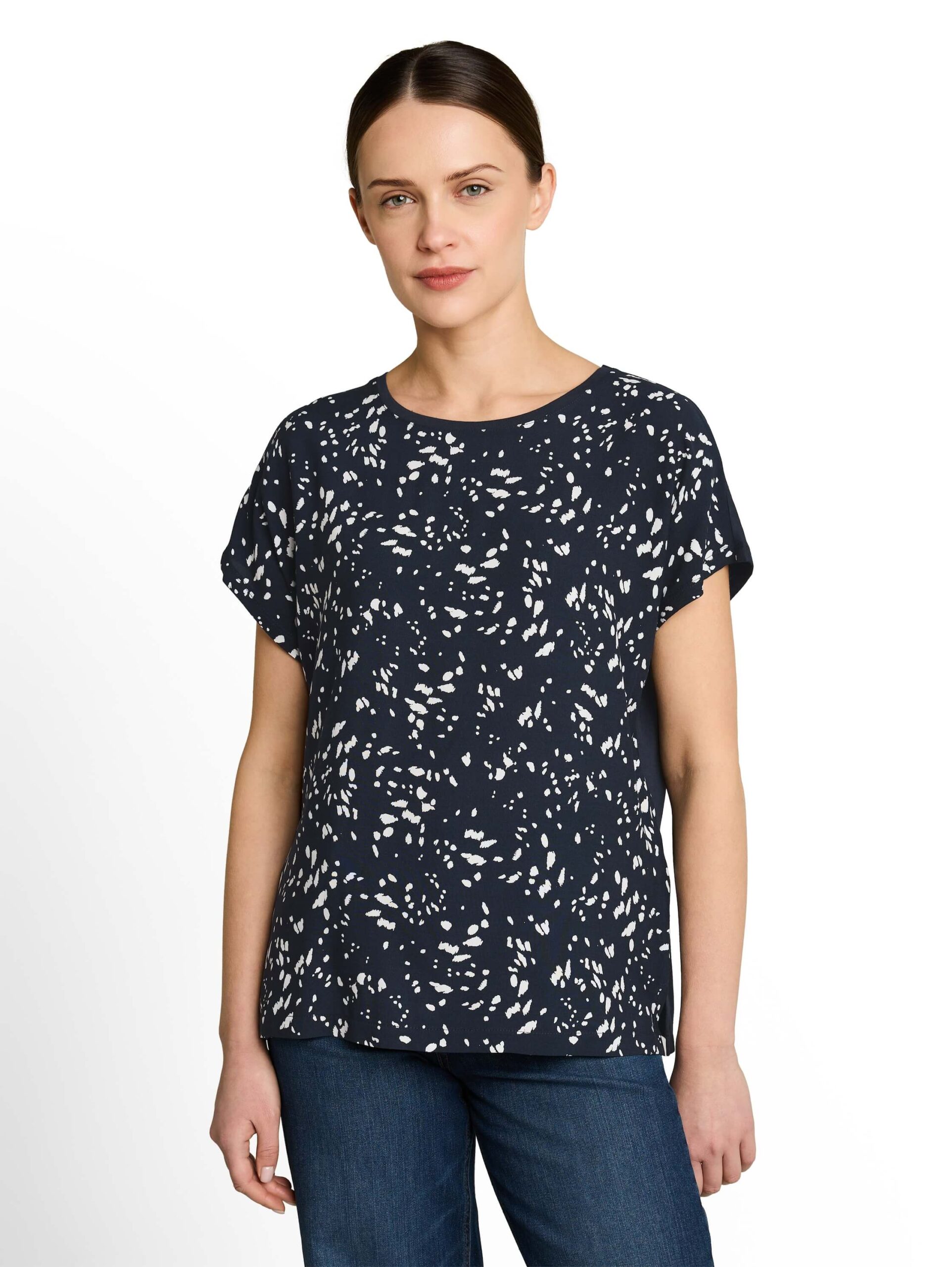 T-shirt fabric mix print crew neck